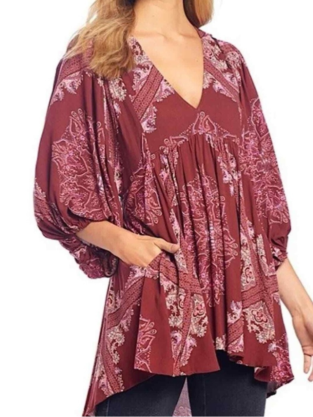 Free People Maroon Girl Talk Paisley V-Neck Tunic
